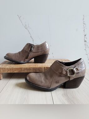 b.o.c. Taupe Leather Ankle Booties with Buckle Accent